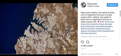 Photographie ajoutée par Thomas Pesquet sur son profil Instagram le 30 mai 2017
